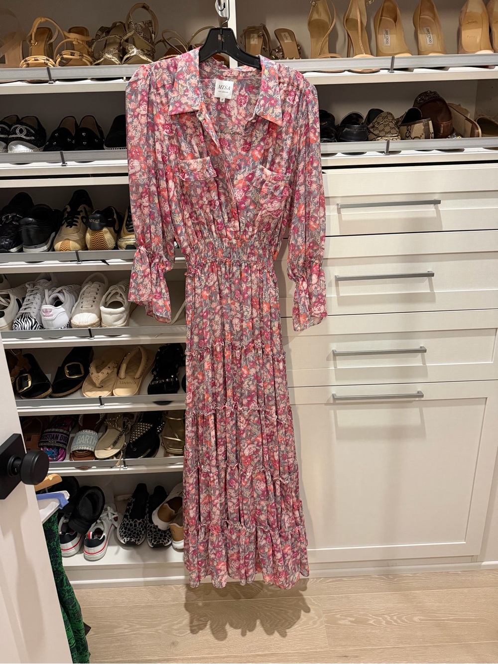 Gently worn MISA Los Angeles Pink Floral Button-Front Maxi Dress